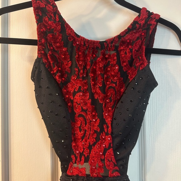 Reverence Bodysuit Dance costume. Black with red velour type pattern.  Size AS. - Picture 3 of 7